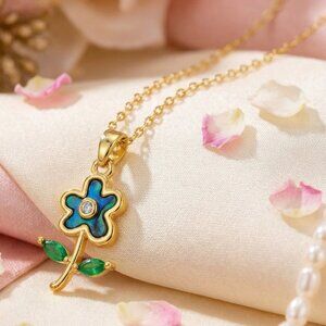 18K Gold Plated Blue Flower Necklace Abalone Shell & Sparkling Zirconia Pendant